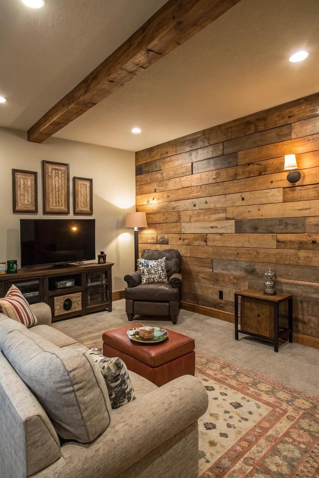 Reclaimed wood panels add unique character and durability to accent walls.