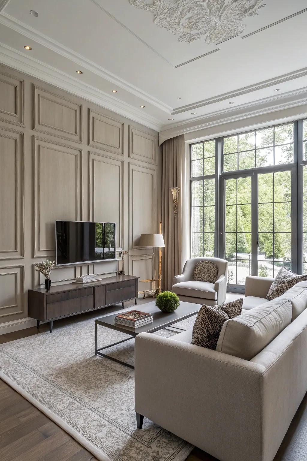 Coordinating furniture with wall panels creates a unified and elegant space.