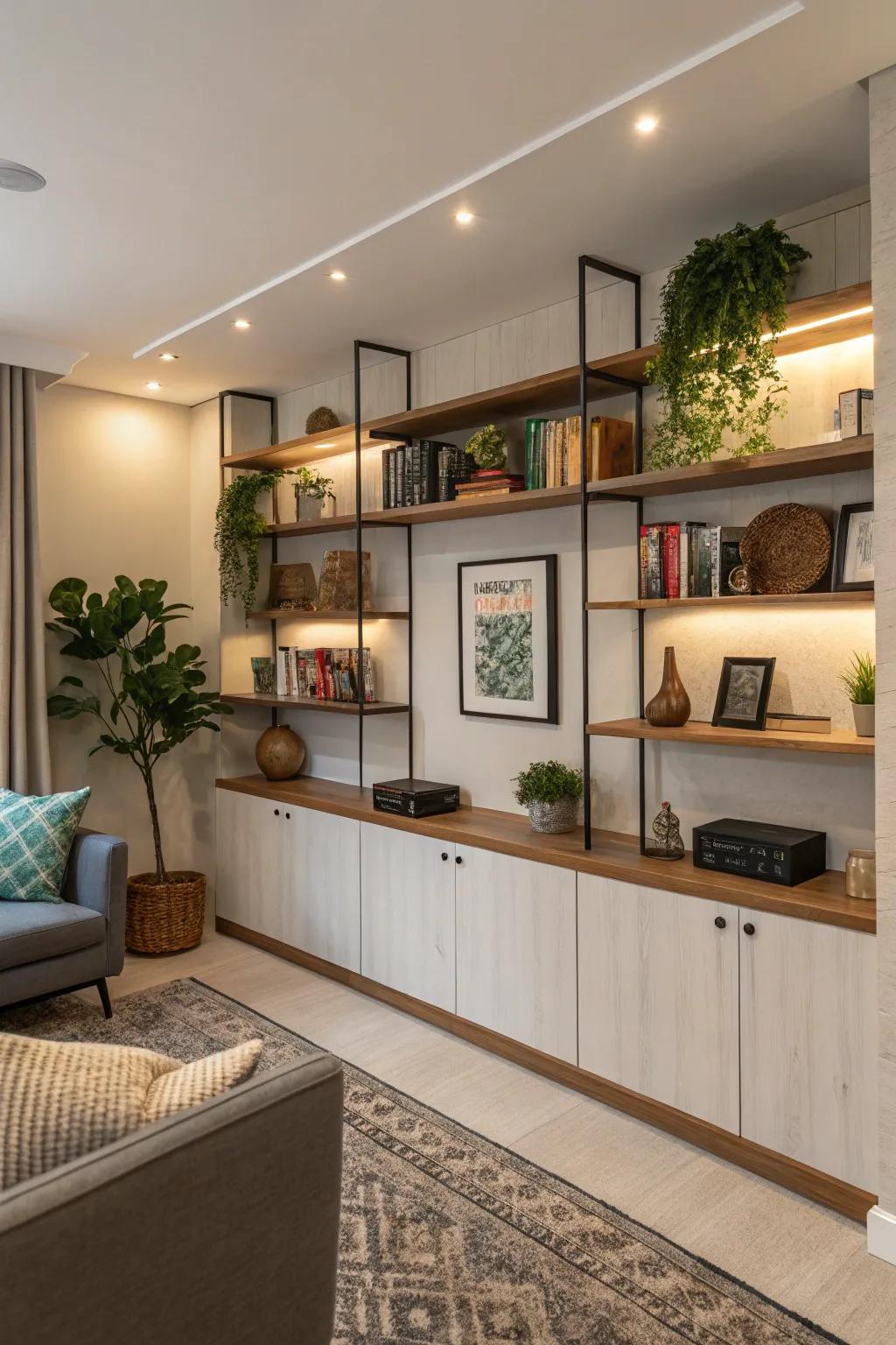 Built-in shelving within panels combines style with practicality.