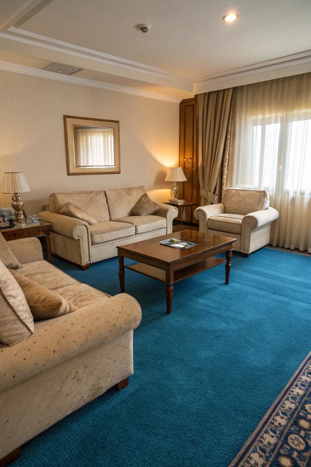 Neutral shades complement an azure carpet, creating a balanced living area.