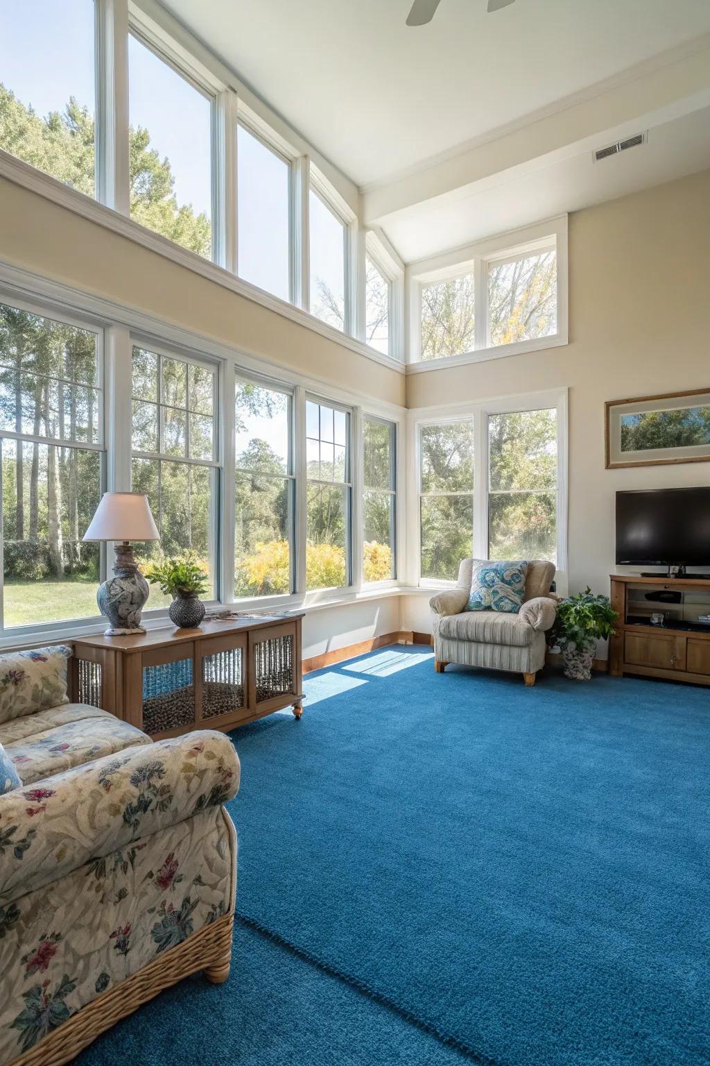 Natural light enhances the beauty of an azure carpet in a bright, airy room.