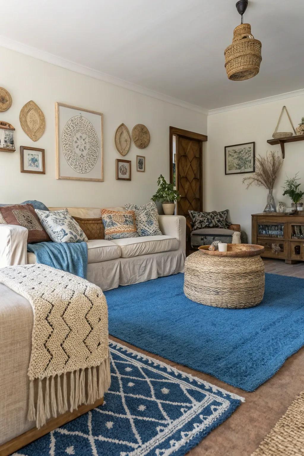 Combining textures with an azure carpet adds warmth and visual interest.