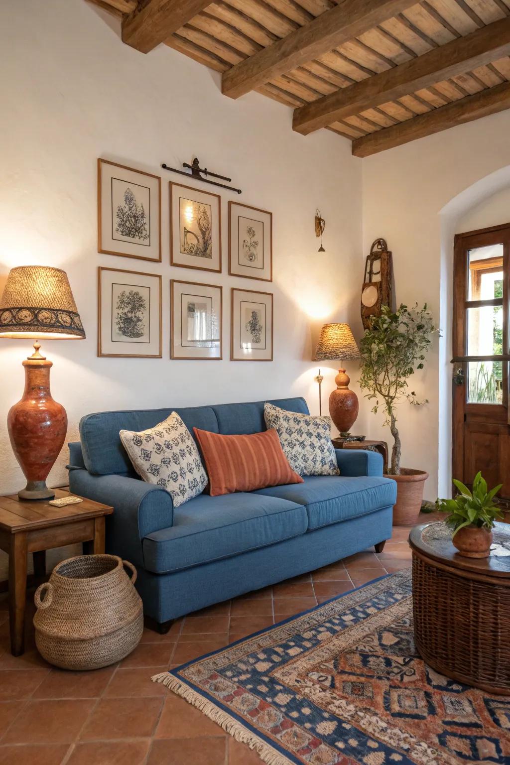 Cozy atmosphere with blue sofa and earth tones.