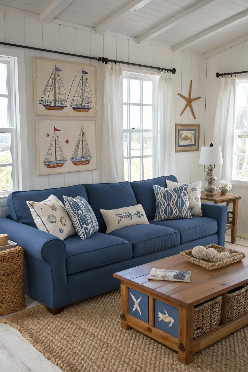 Blue sofa in a coastal-themed living room.
