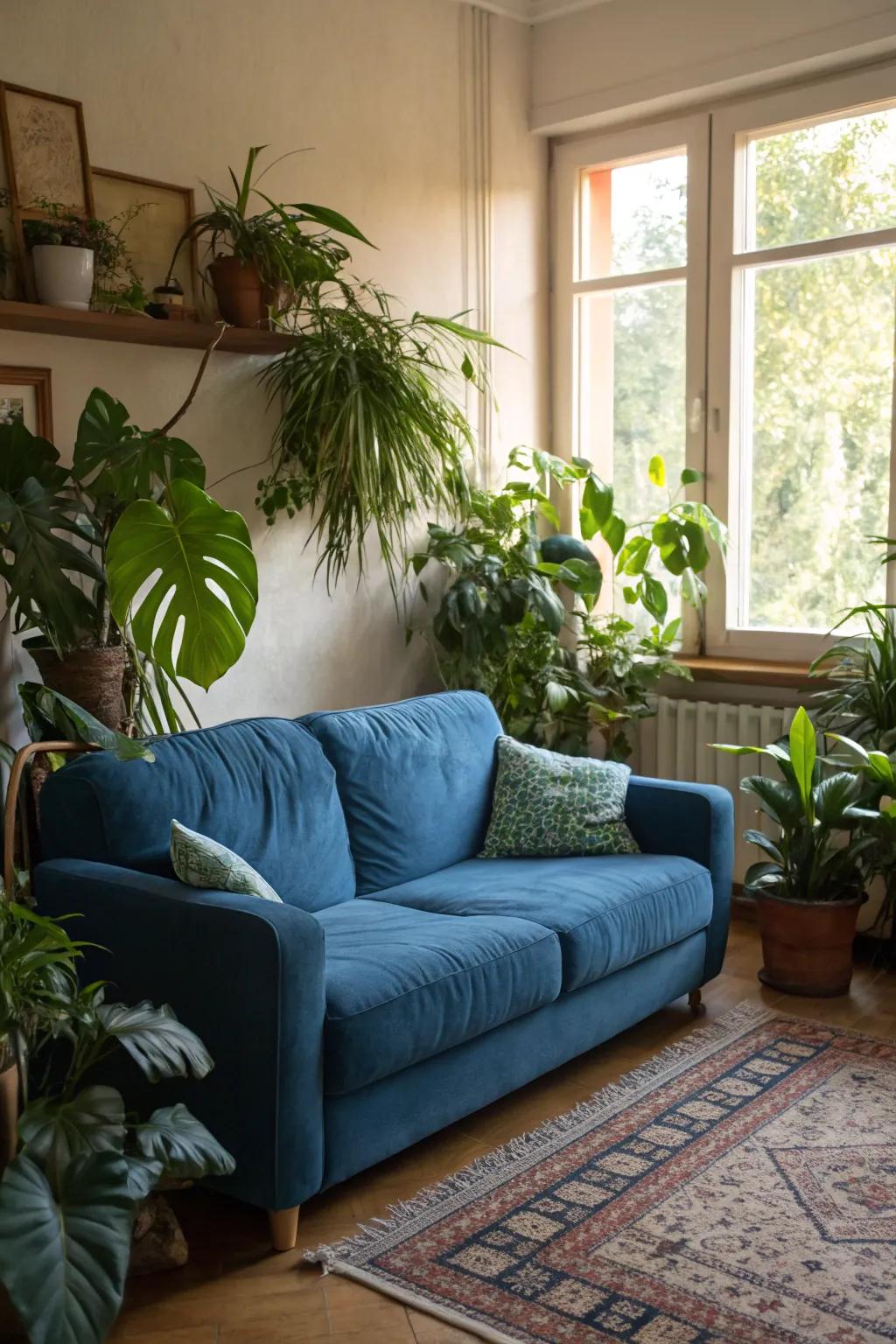 Plants add freshness around a blue sofa.