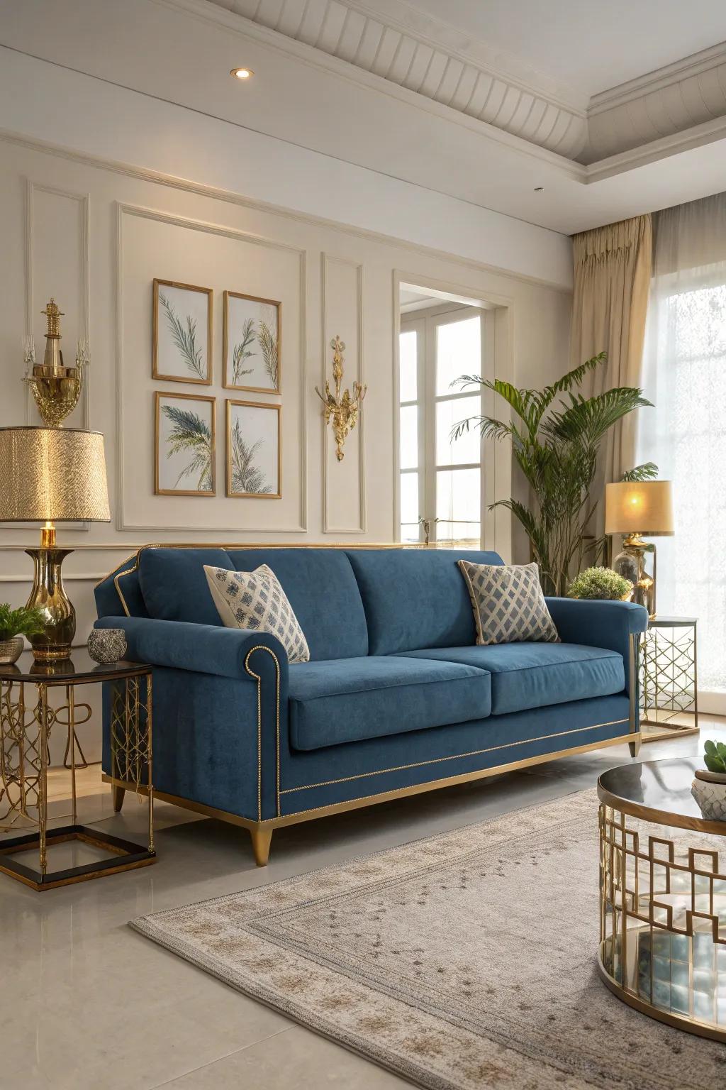 Metallic accents add luxury to a blue sofa setting.