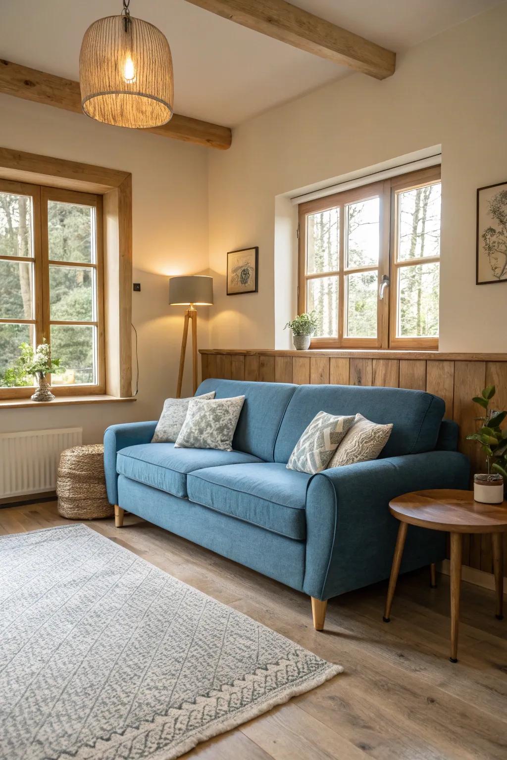 Light wood details complement a blue sofa beautifully.