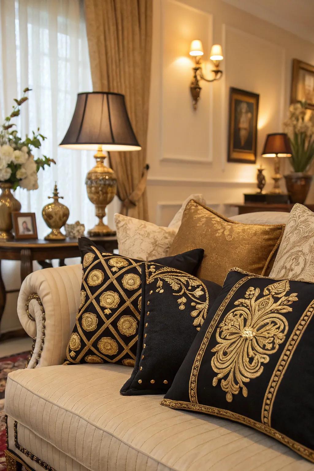 Rich black and gold fabrics adding depth and texture.