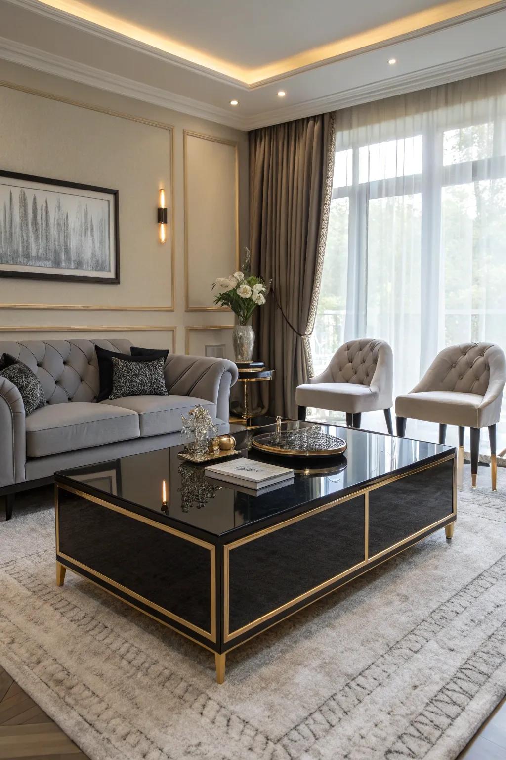 Sleek coffee table with gold trim enhancing room sophistication.
