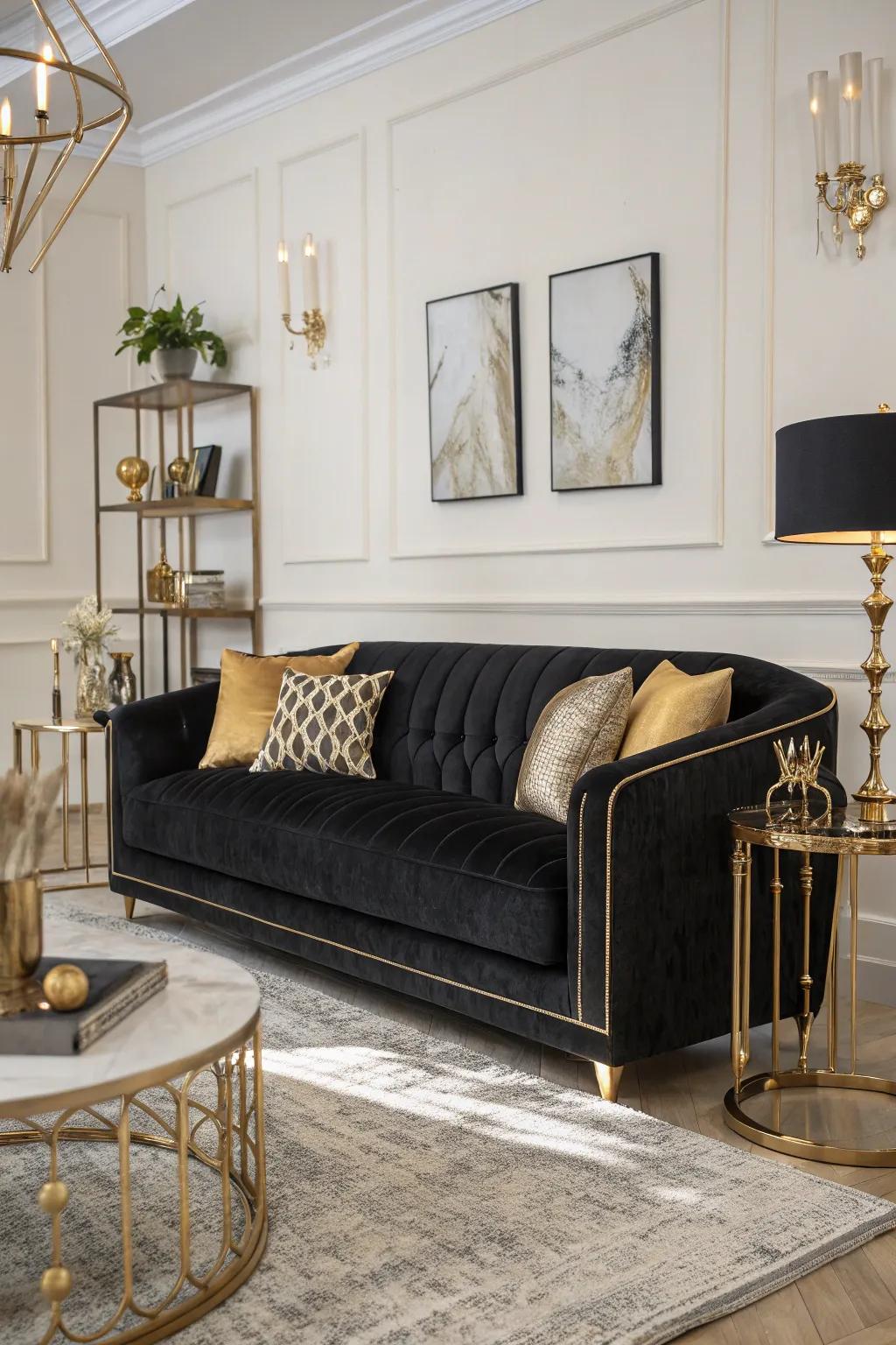 Luxurious black velvet sofa adding elegance to the living room.