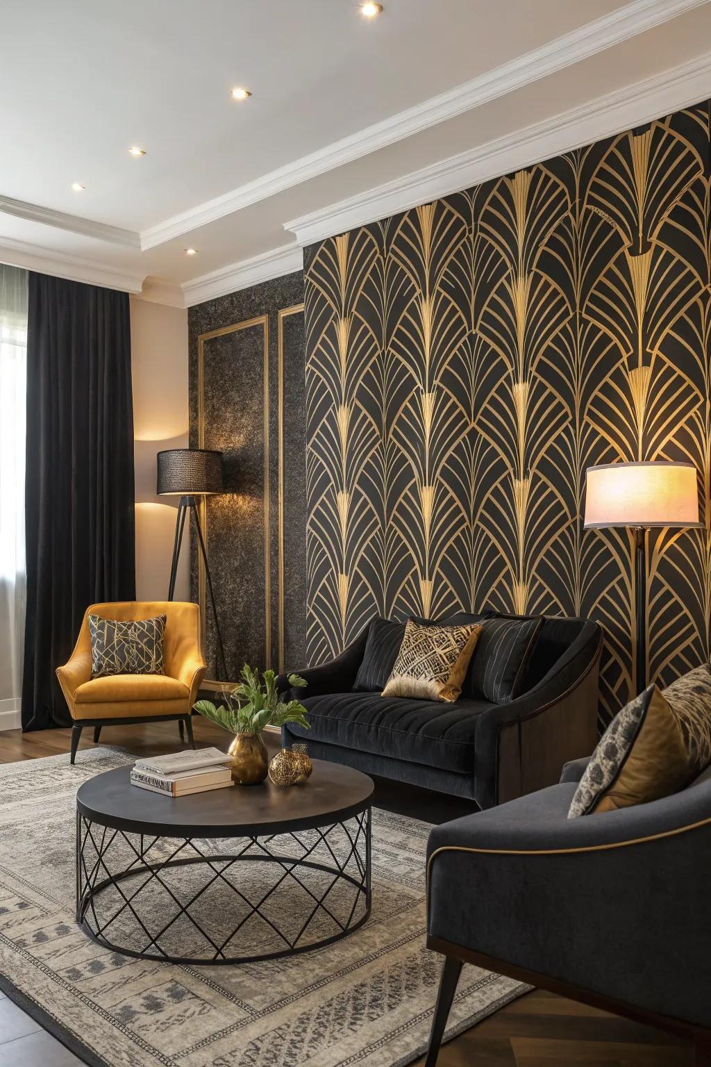 Dramatic black and gold wallpaper adding depth to the room.