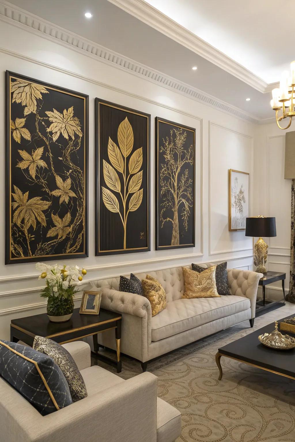 Striking black and gold artwork as a focal point.