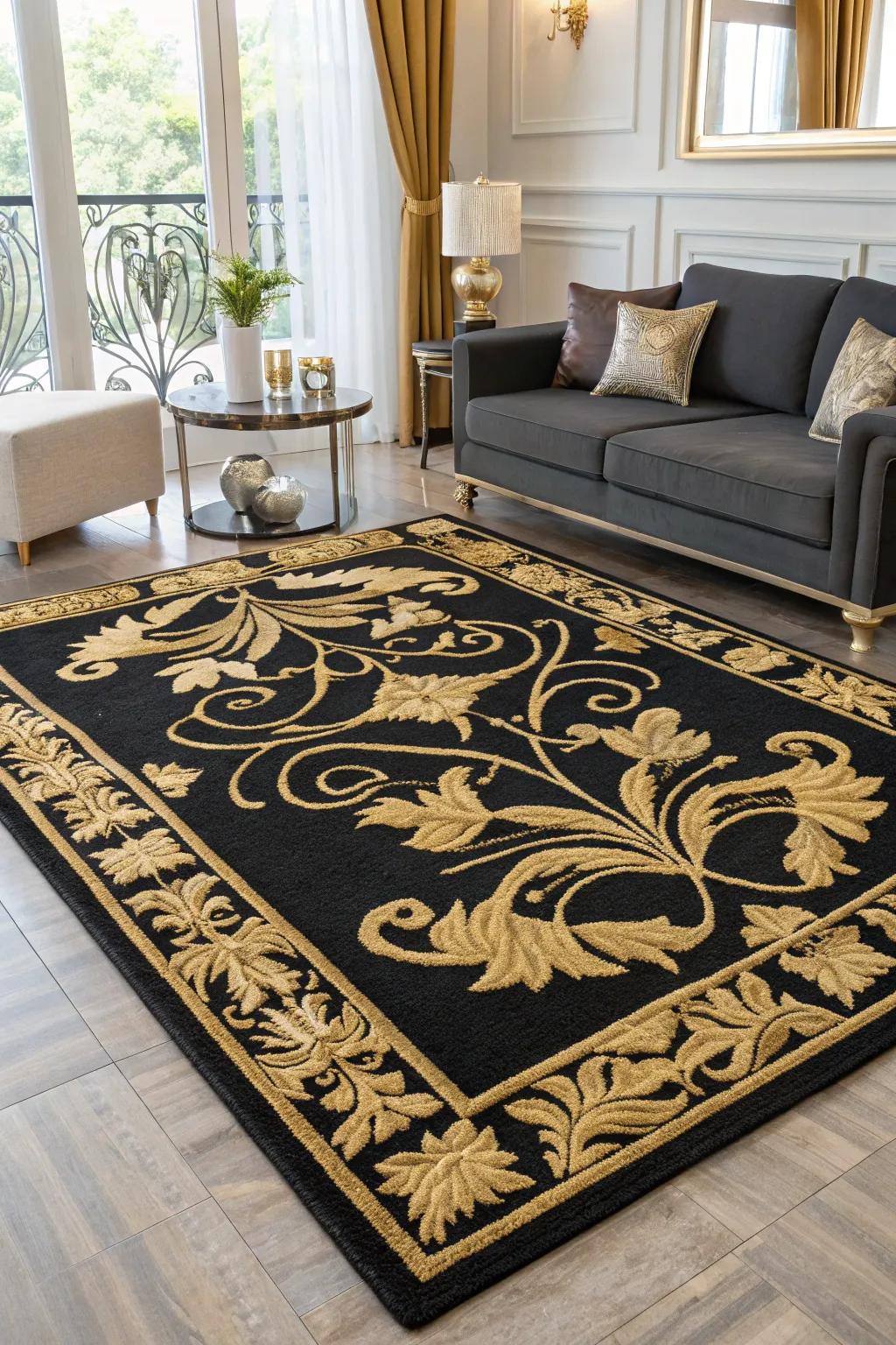 Luxurious black and gold rug adding warmth and style.