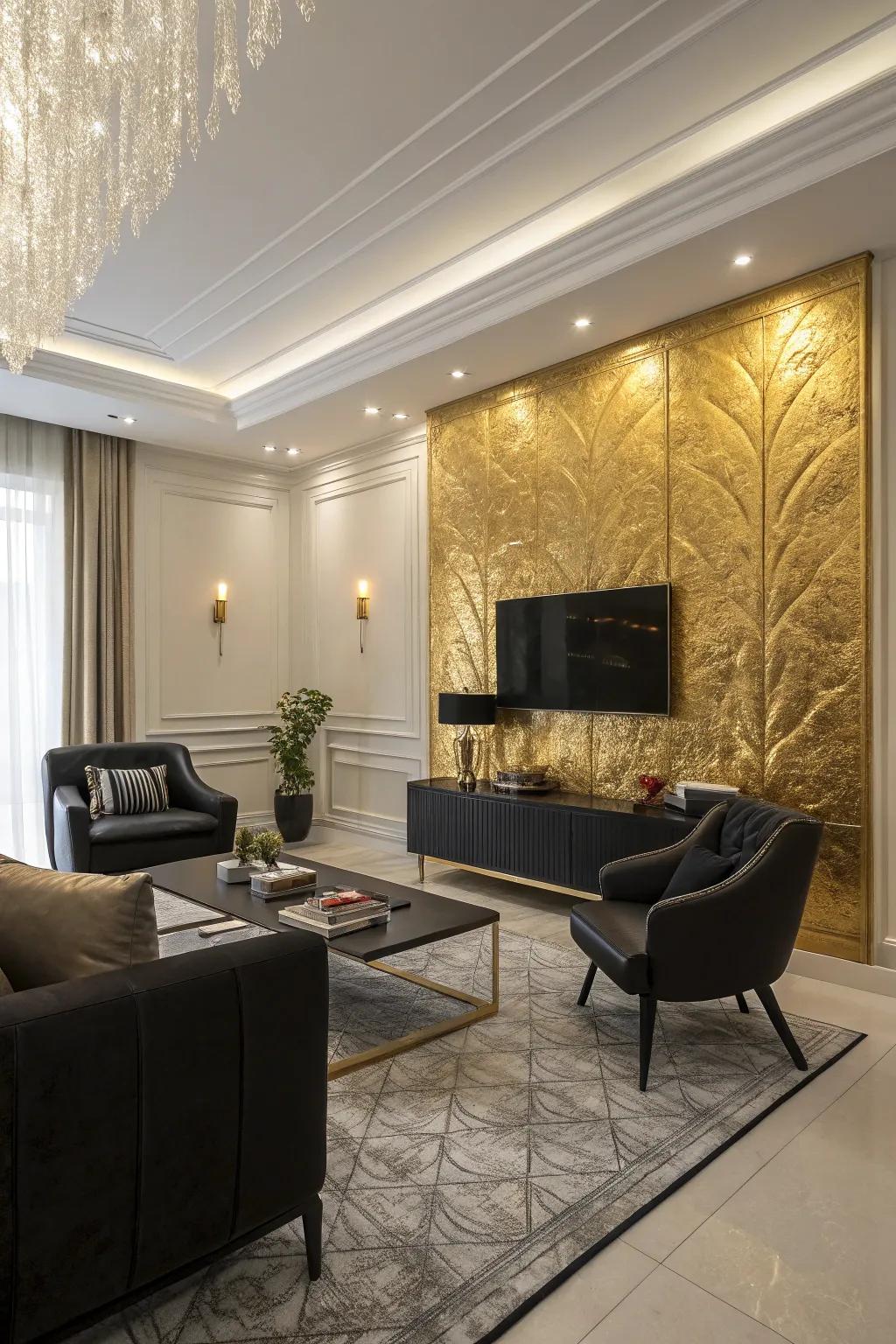 Gold accent wall adding richness and depth.