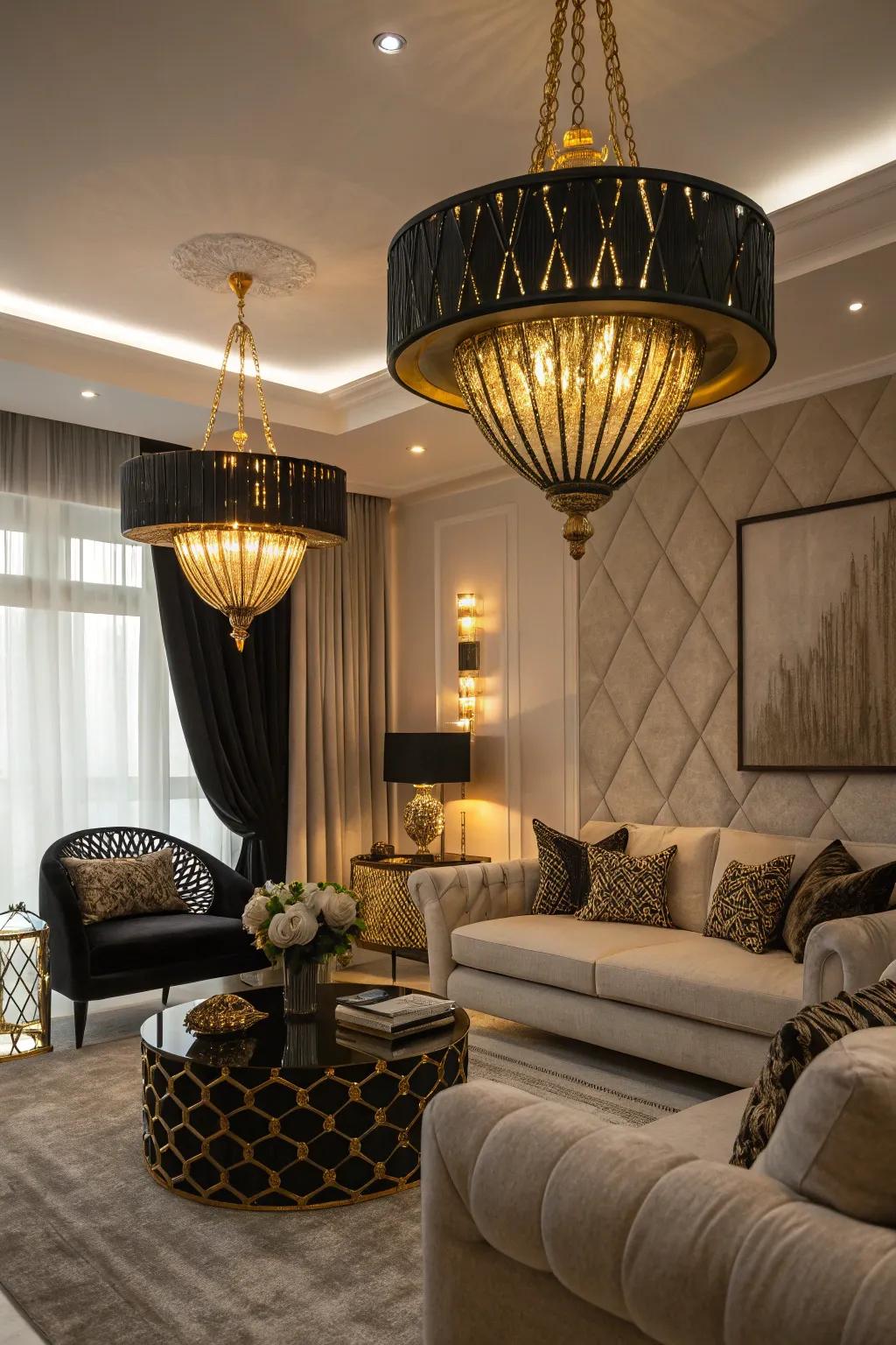 Dramatic black and gold lighting fixtures enhancing ambiance.