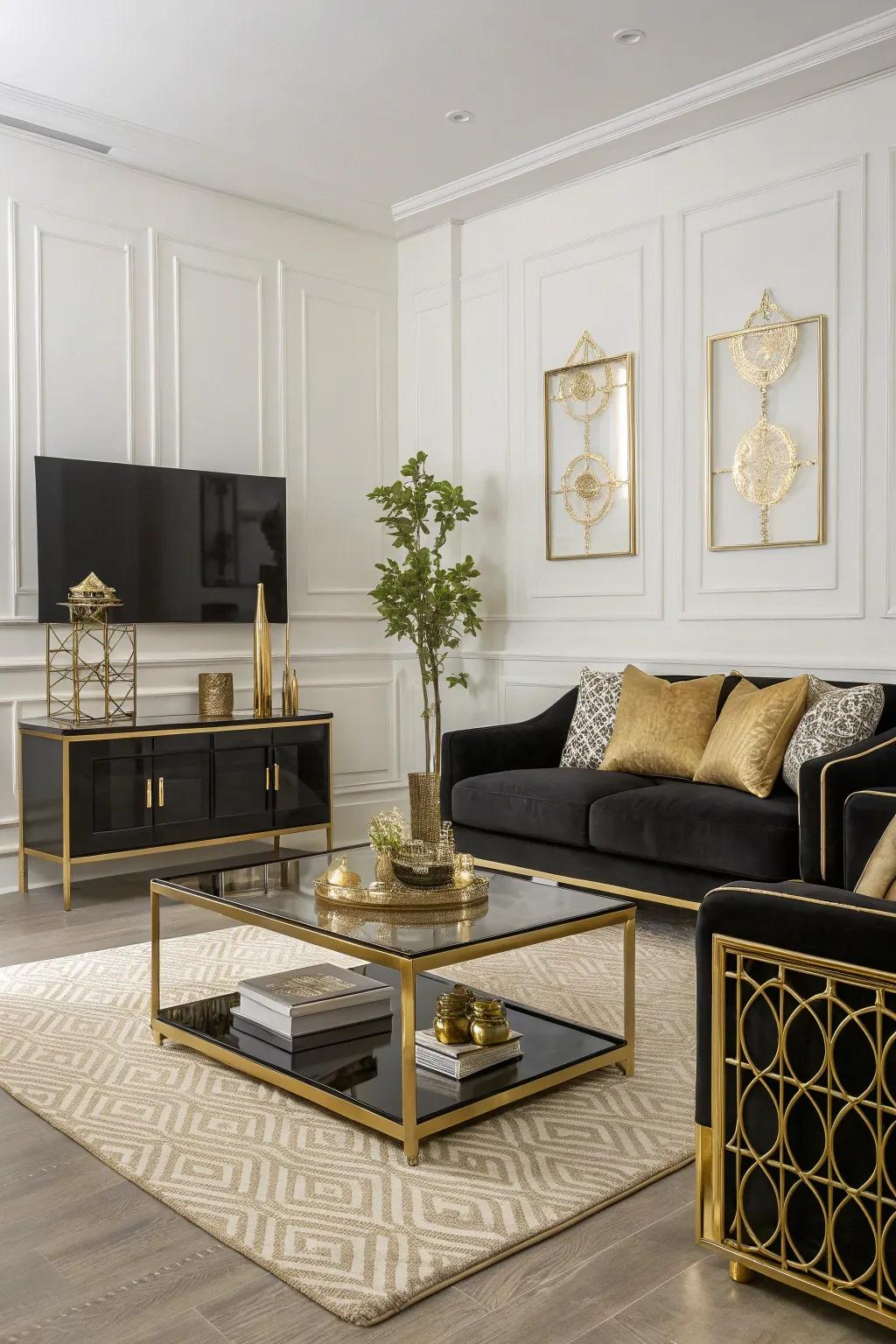 Furniture with gold trim enhancing room elegance.