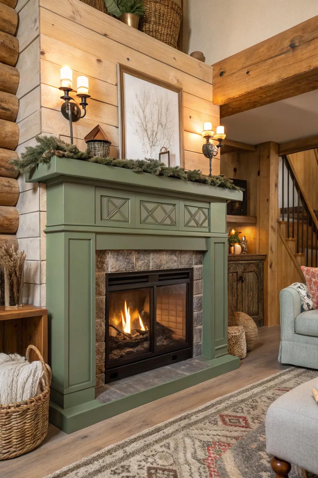 A fireplace featuring a soothing sage green mantel accompanied by natural wood accents.