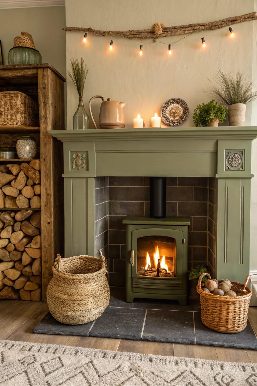 An inviting fireplace featuring olive green tones and earthy decor.