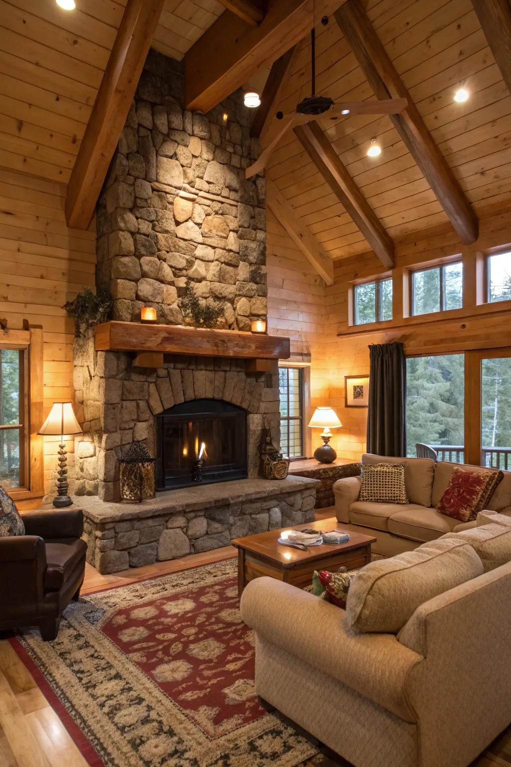 An impressive stone hearth stands as the focal feature of this appealing hideaway lounge.