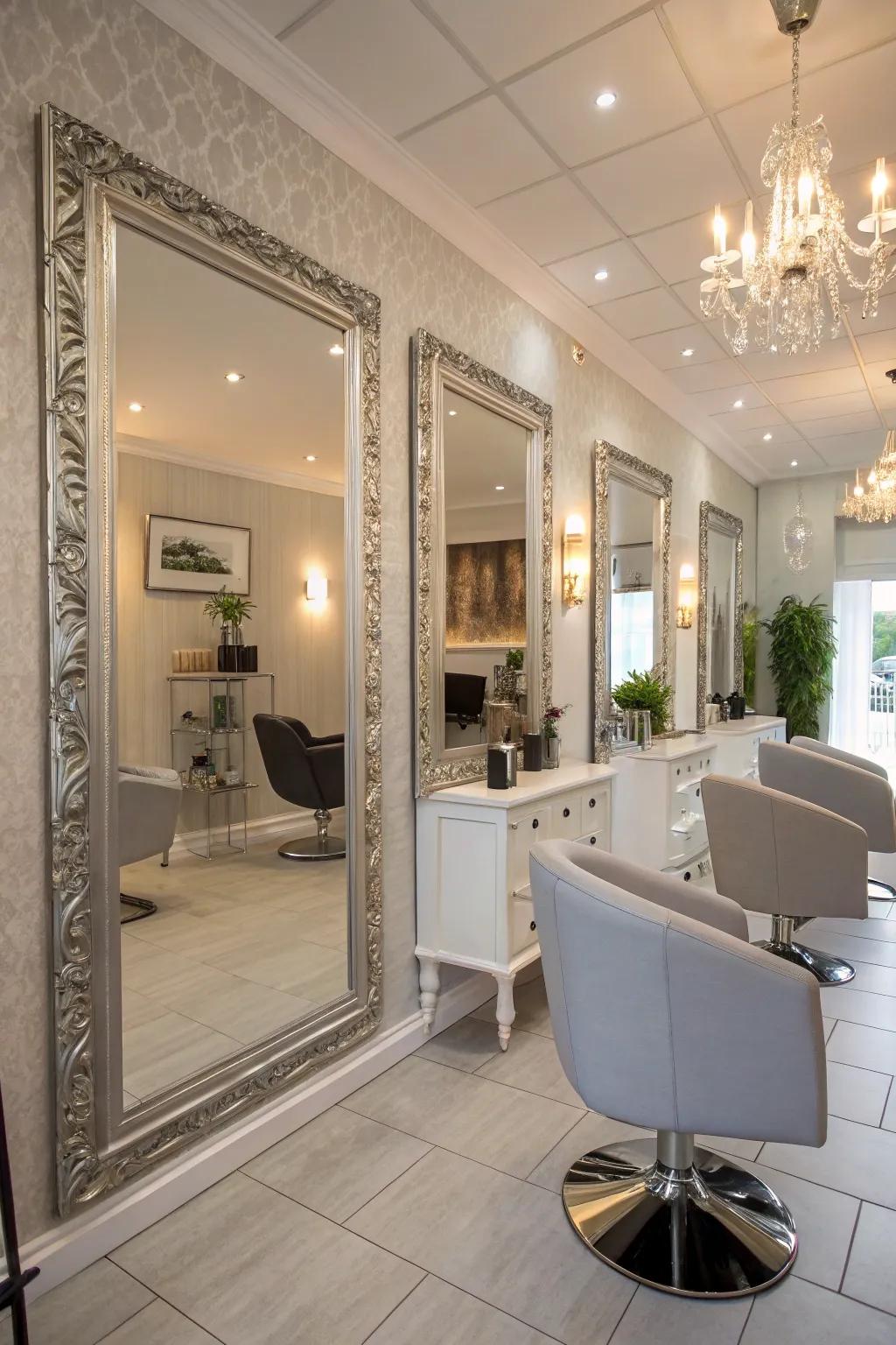 Floor-to-ceiling mirrors amplifying the salon's atmosphere.