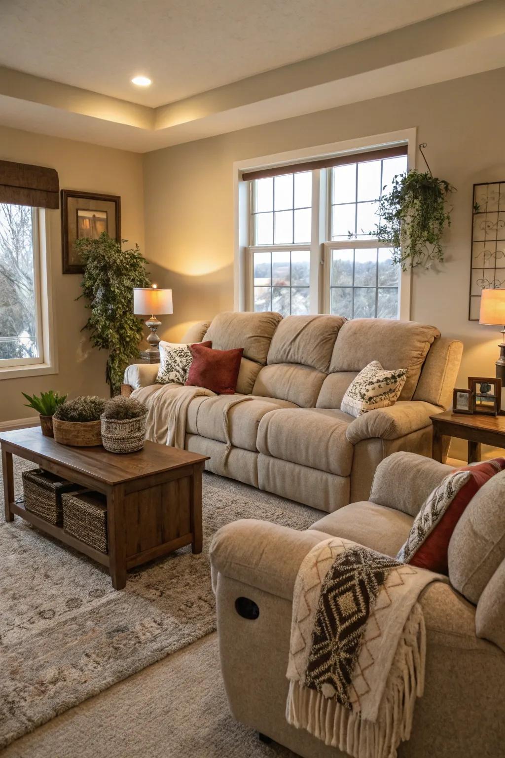 A functional and comfortable living space distinguished by a spacious recliner sofa.