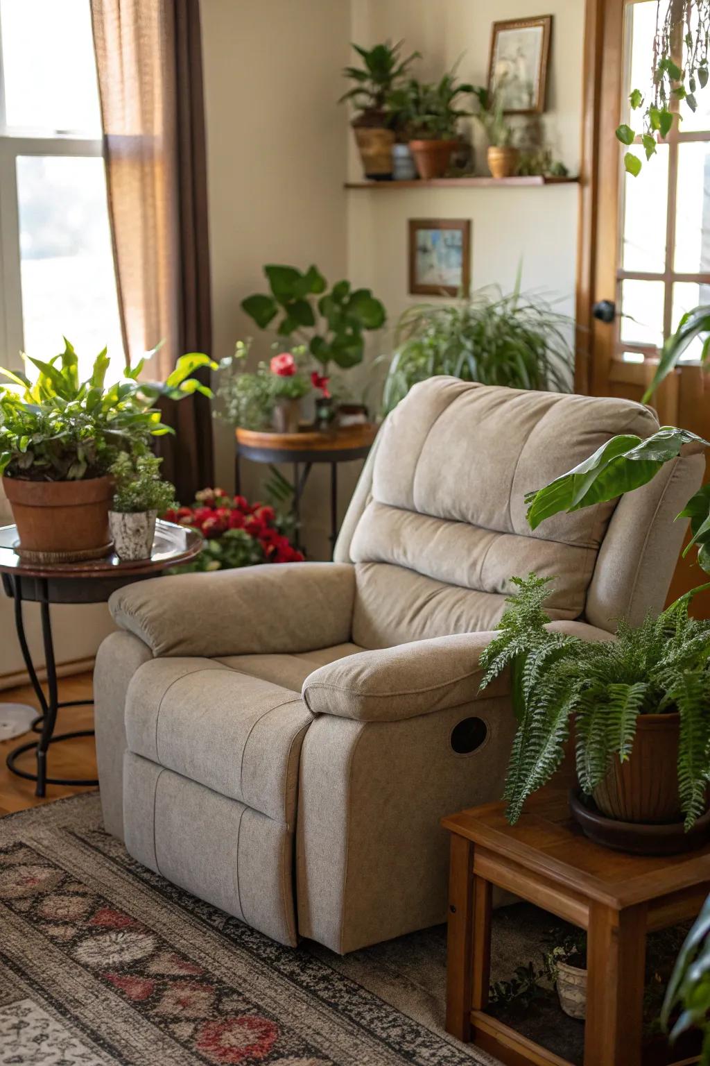 A vibrant living space with foliage enhancing the recliner sofa.