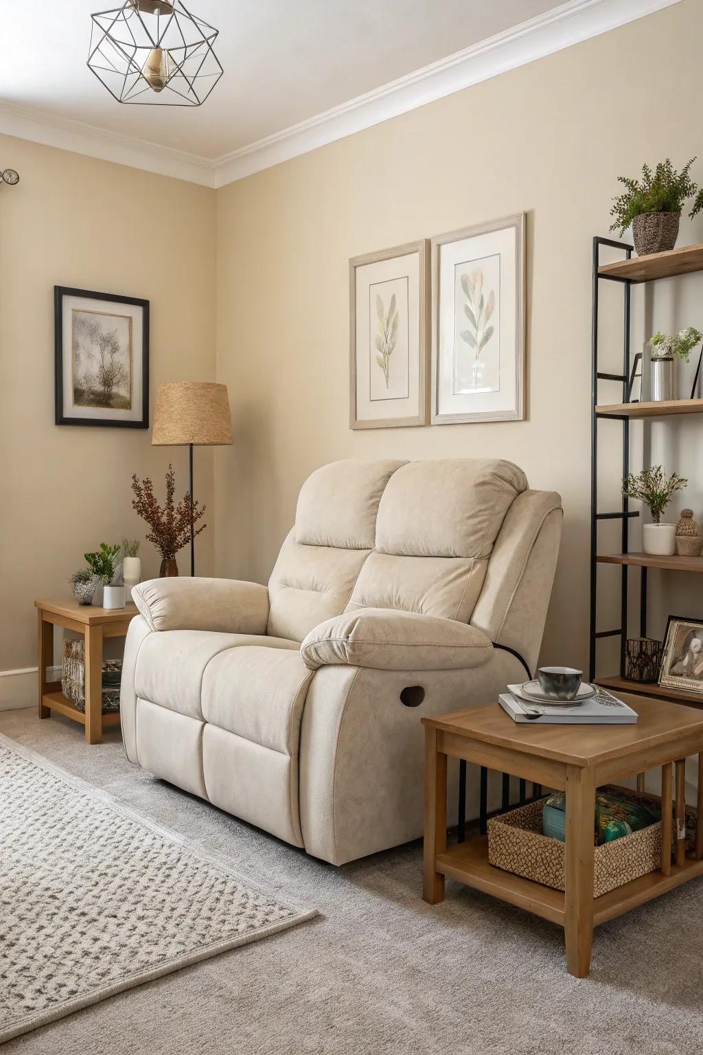 A tranquil living space exhibiting a recliner sofa in muted tones that blends seamlessly with the decor.