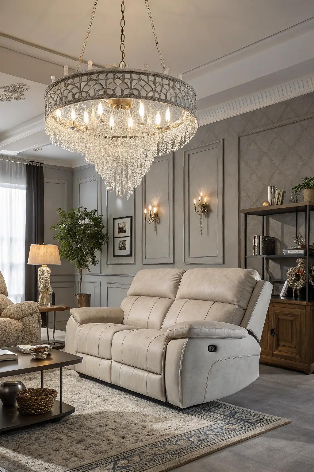 A living space enhanced by a statement lighting fixture positioned above the recliner sofa.