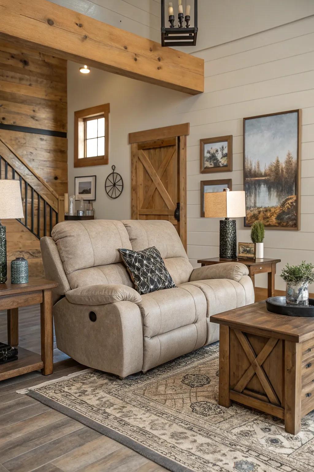 A balanced mix of contemporary and rustic details complement a recliner sofa.