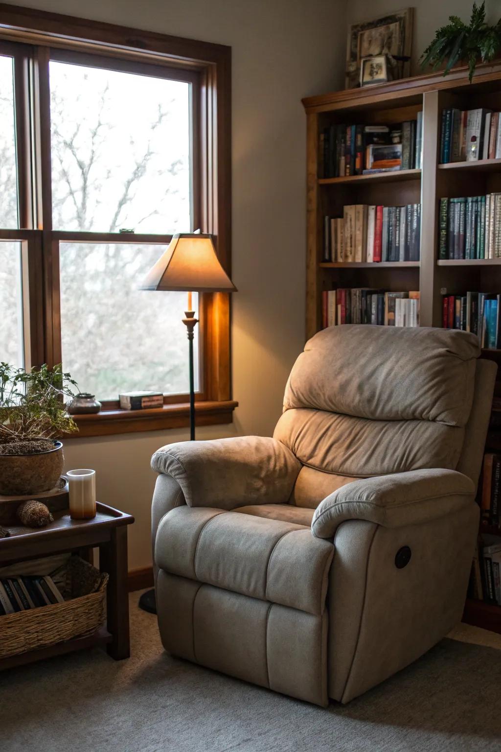 A cozy reading area showcasing a recliner sofa and a well-stocked bookcase.