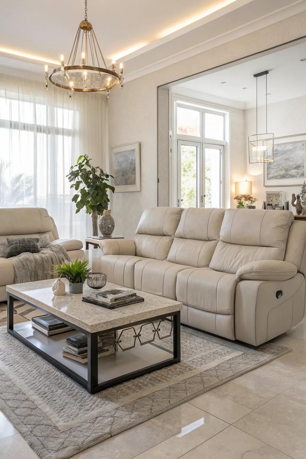 A sleek living room featuring a recliner sofa and a contemporary center table.