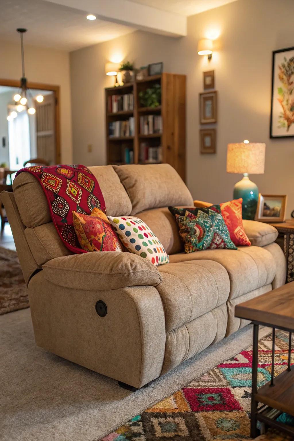 A recliner sofa enlivened through a blend of cushions and pillows.