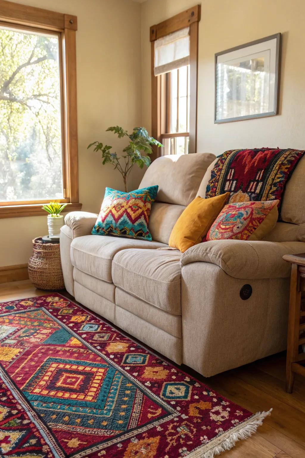A vibrant living space featuring colorful accents that complement the recliner sofa.