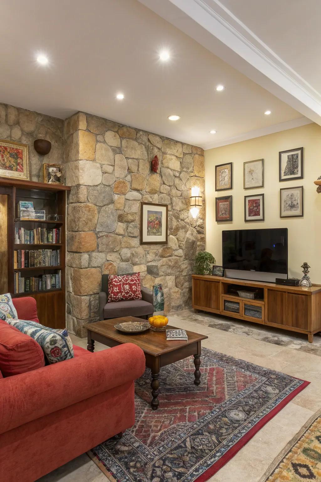 Combining different stones creates a unique and vibrant fireplace.