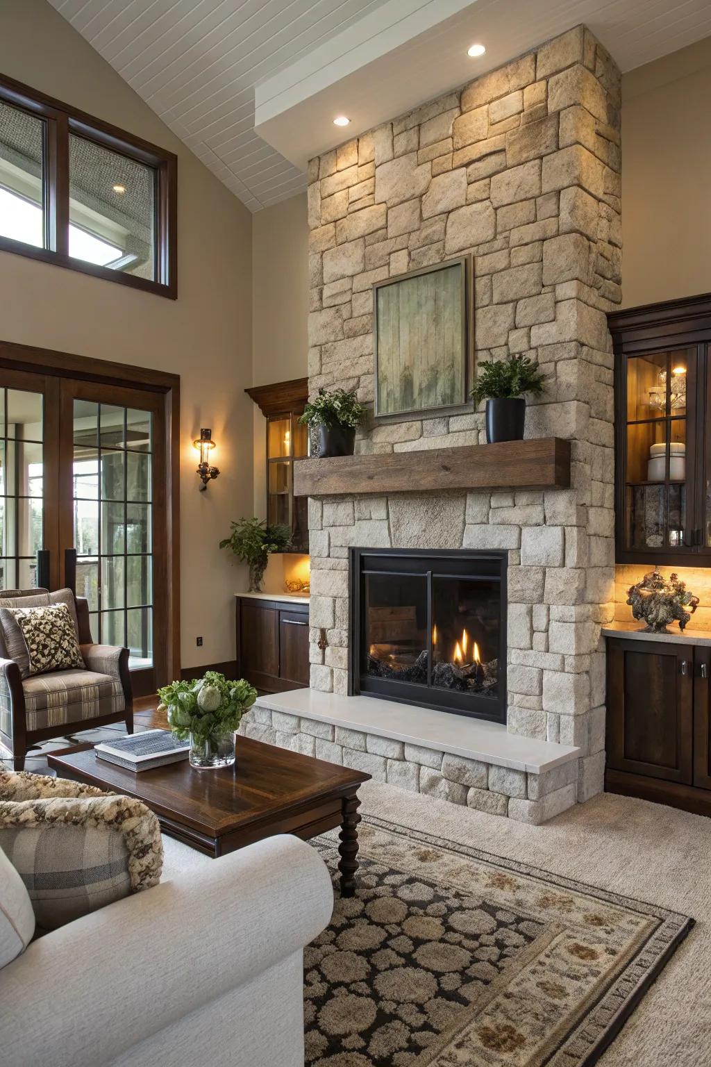 Stone and glass fashion a stunning modern fireplace design.