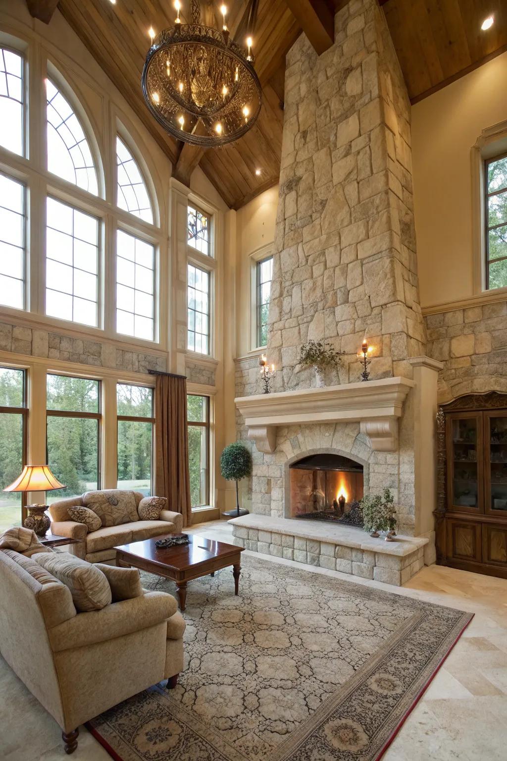 A grand floor-to-ceiling stone fireplace making a bold statement.