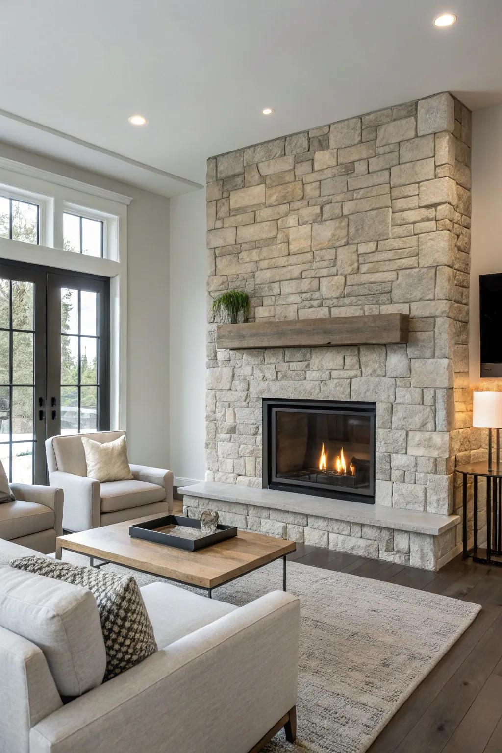 A minimalist stone fireplace perfect for modern interiors.
