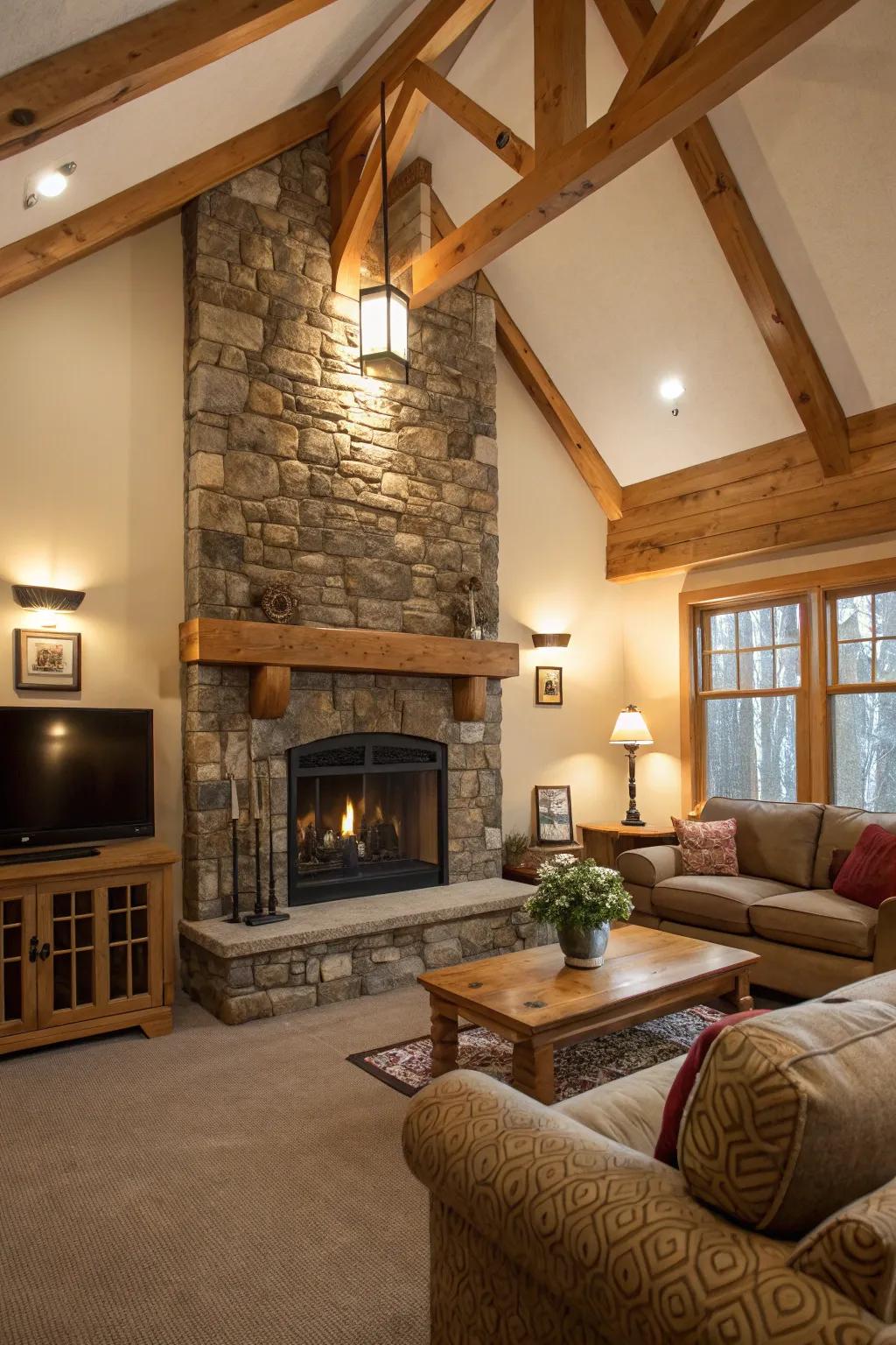 Combining stone and wood creates a warm and inviting fireplace.