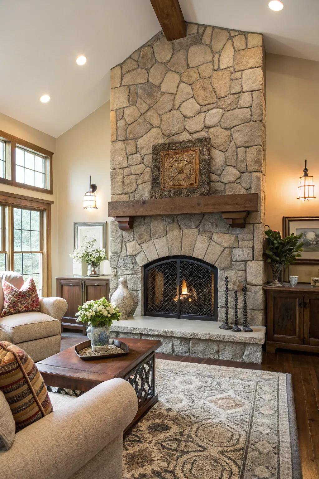 A distinctive fireplace becomes the focal point of the living room.