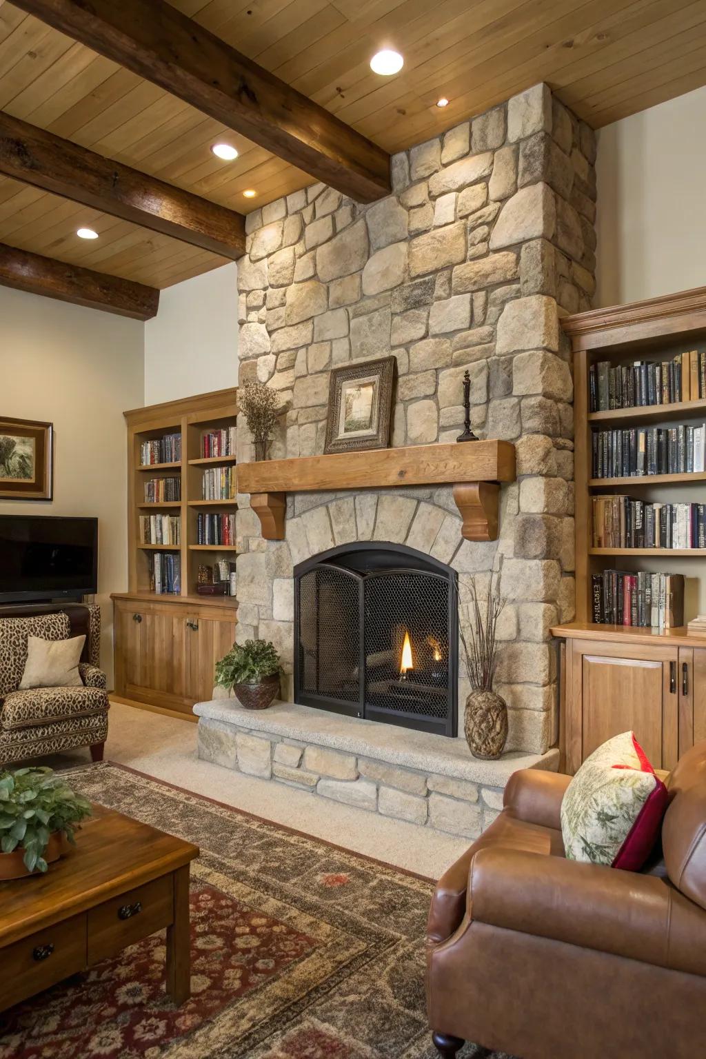 A organic mantel enhances the earthy feel of your stone fireplace.