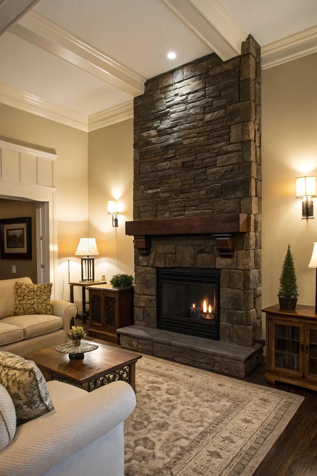 Deep shades of stone bring richness and elegance to your family room.