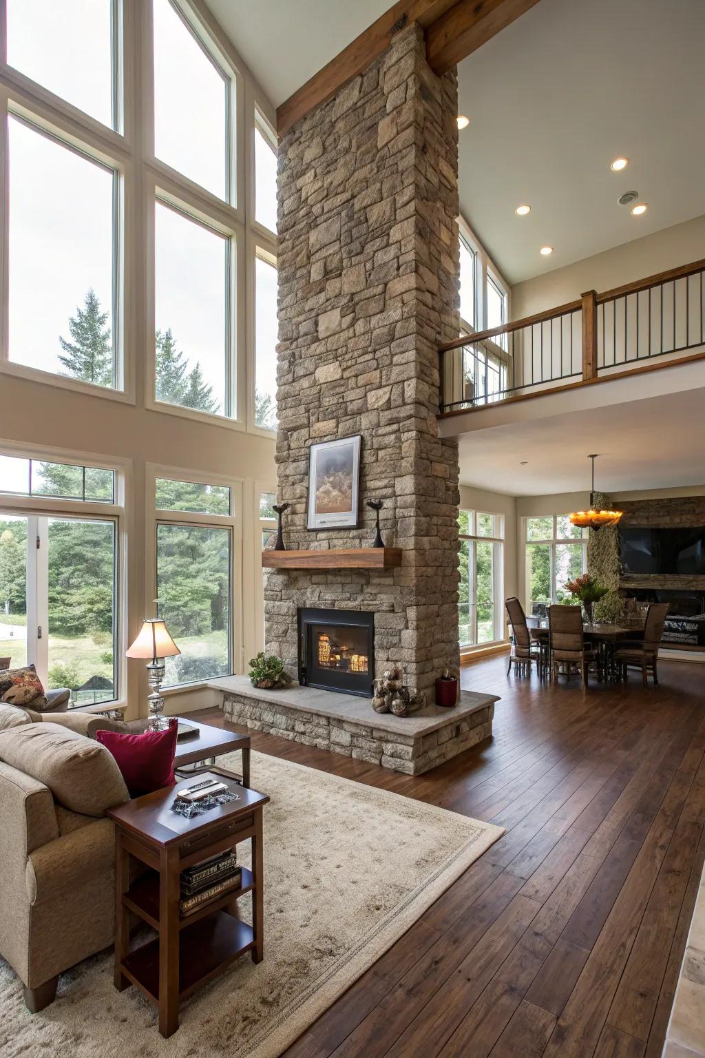 A stone fireplace can efficiently define spaces in an open space design.