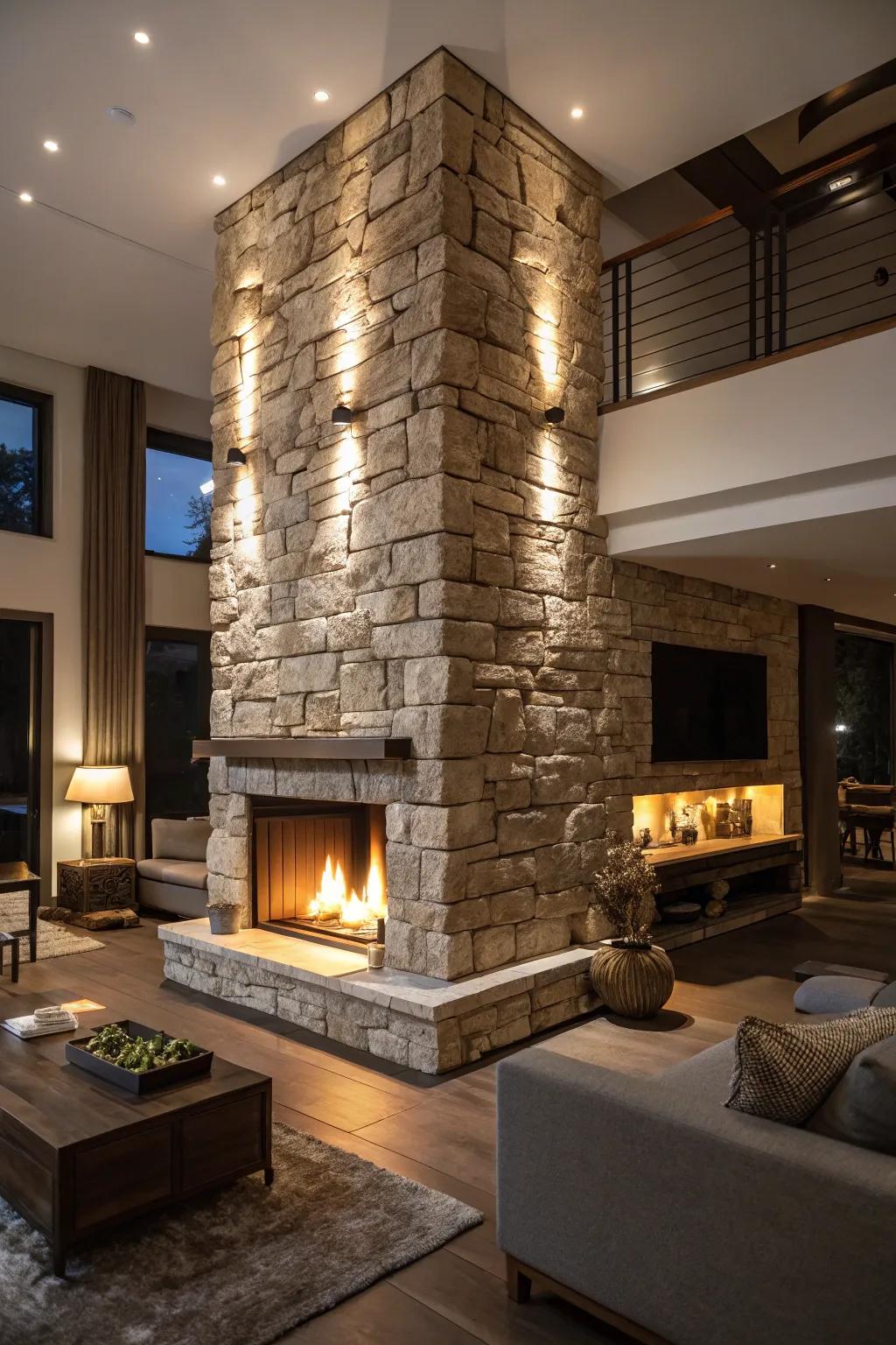 Striking illumination draws out the distinctive textures of your stone fireplace.