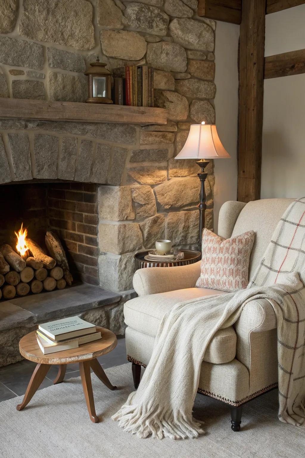 A snug nook by the fireplace is suitable for relaxation and gatherings.