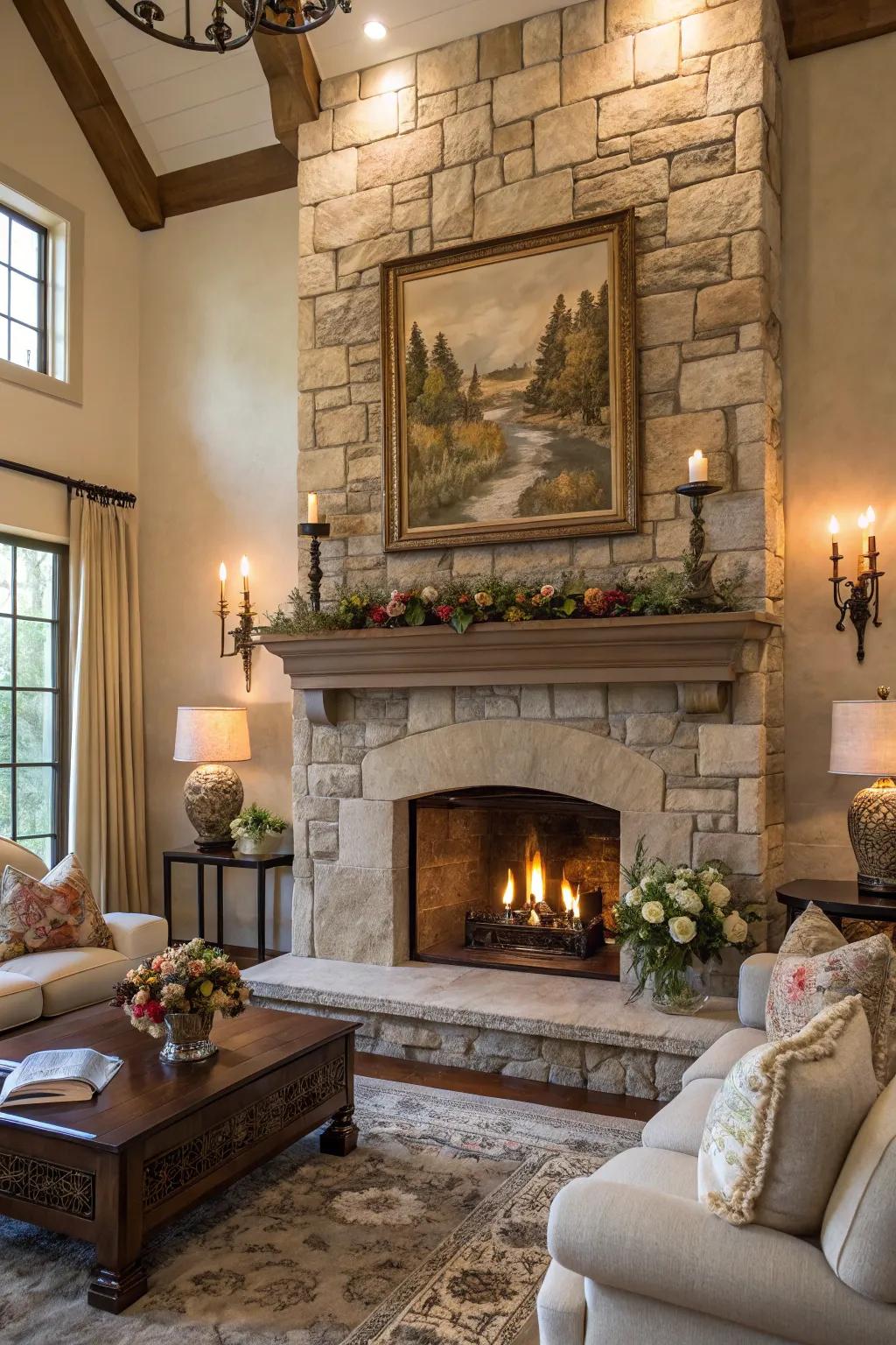 A striking piece of art can elevate the charm of your stone fireplace.