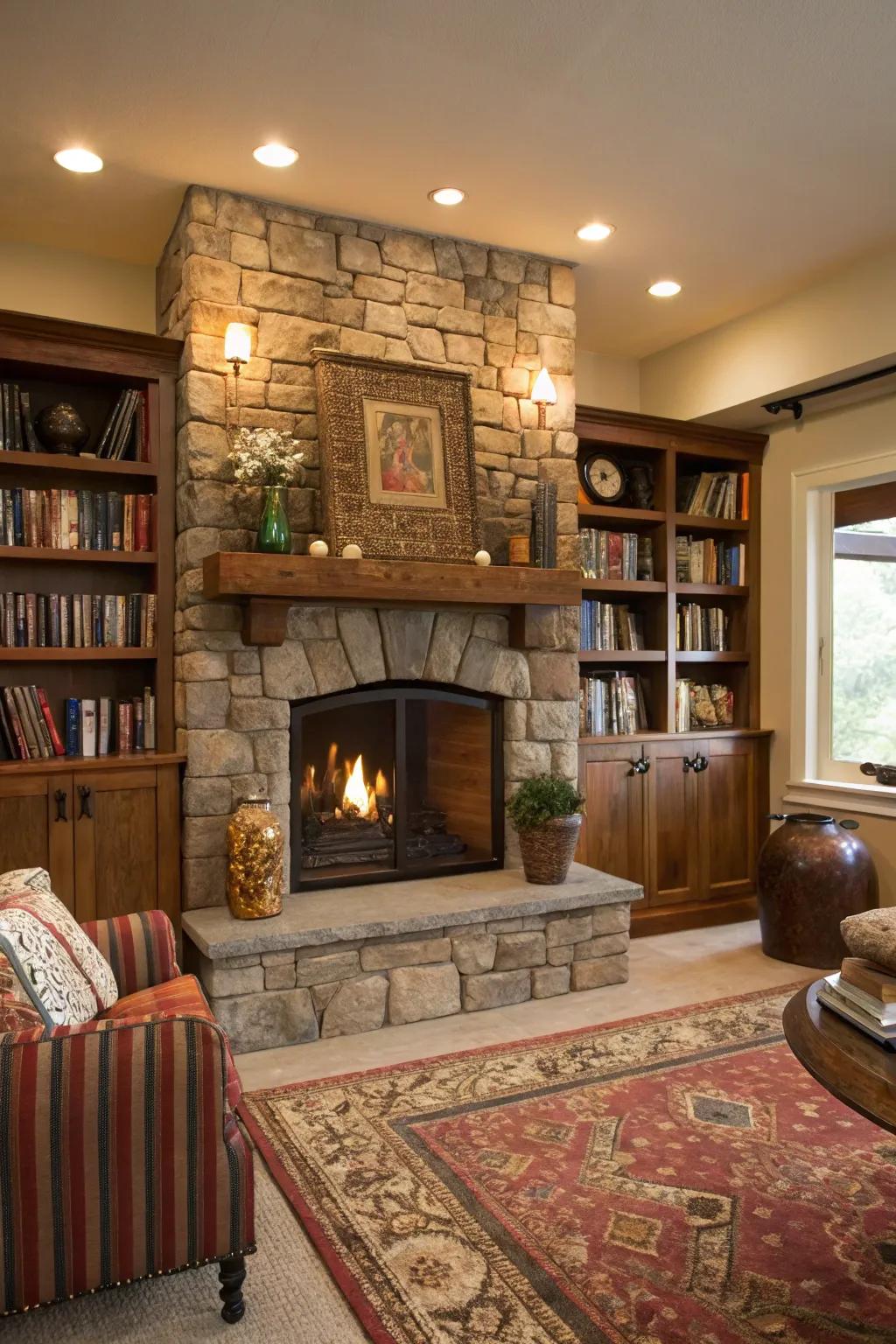 Custom shelving lends practicality and aesthetic to your fireplace.
