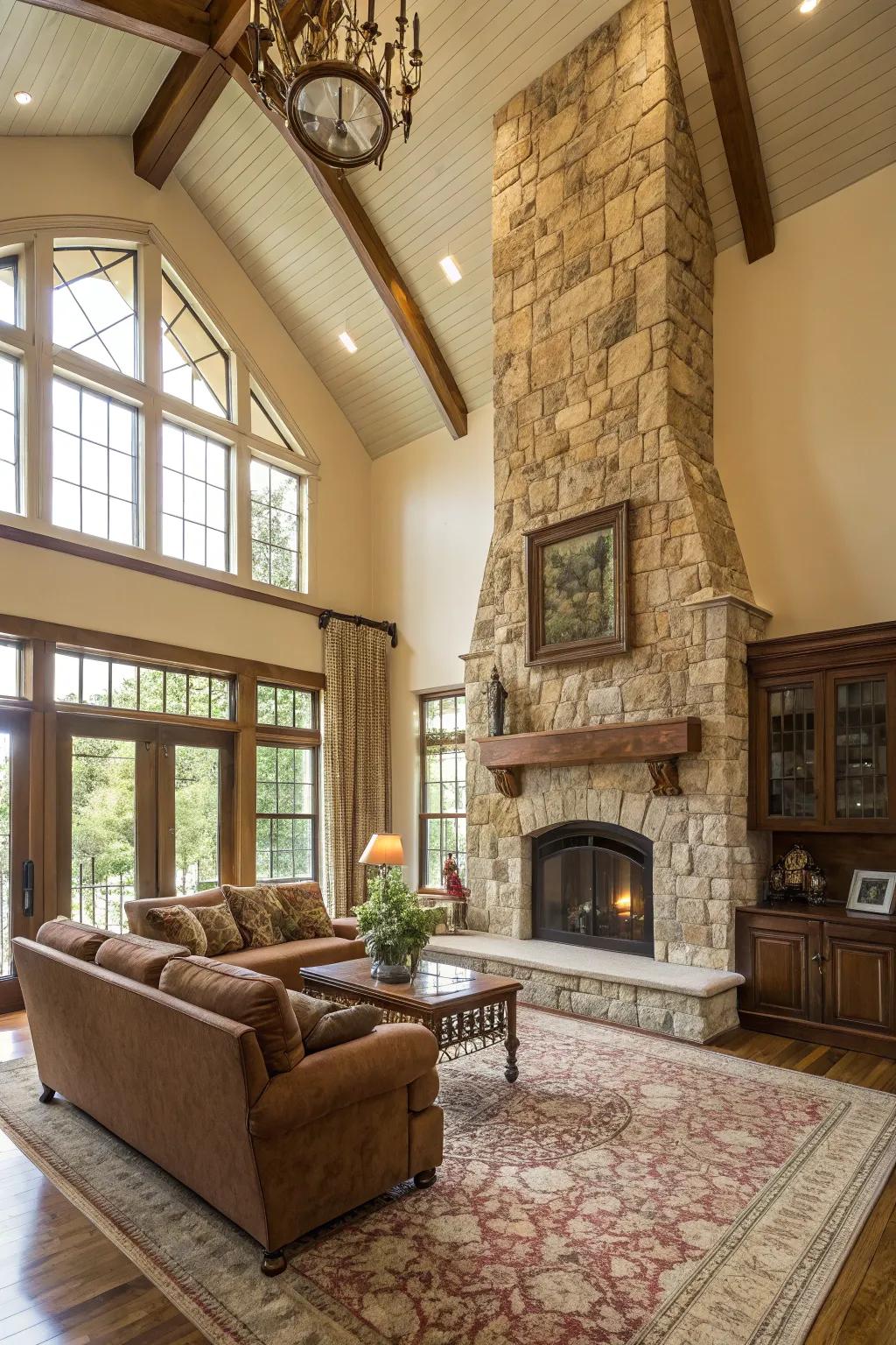 Elevated ceilings matched with an imposing fireplace fashion an imposing atmosphere.