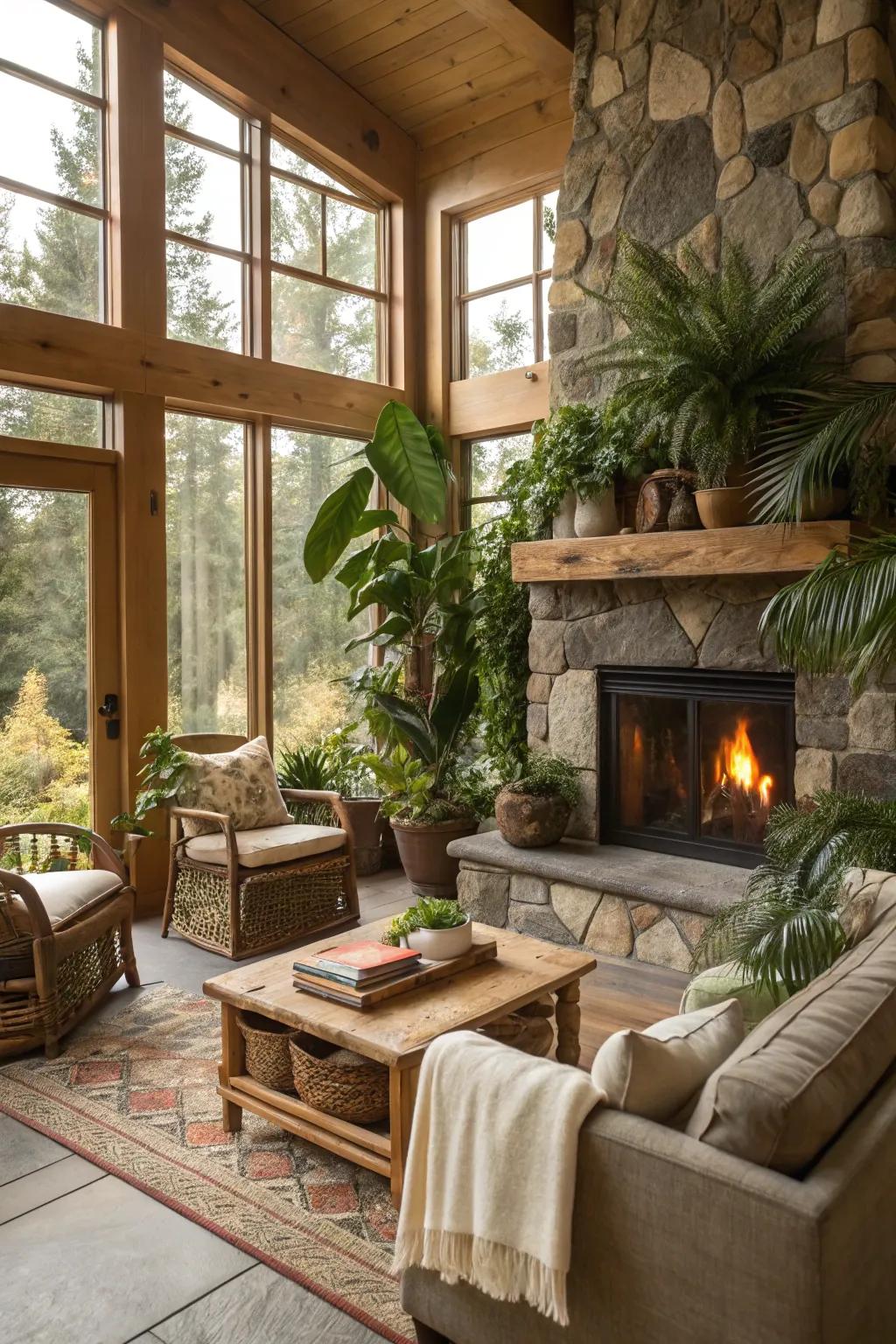 Living room with natural decor around fireplace.