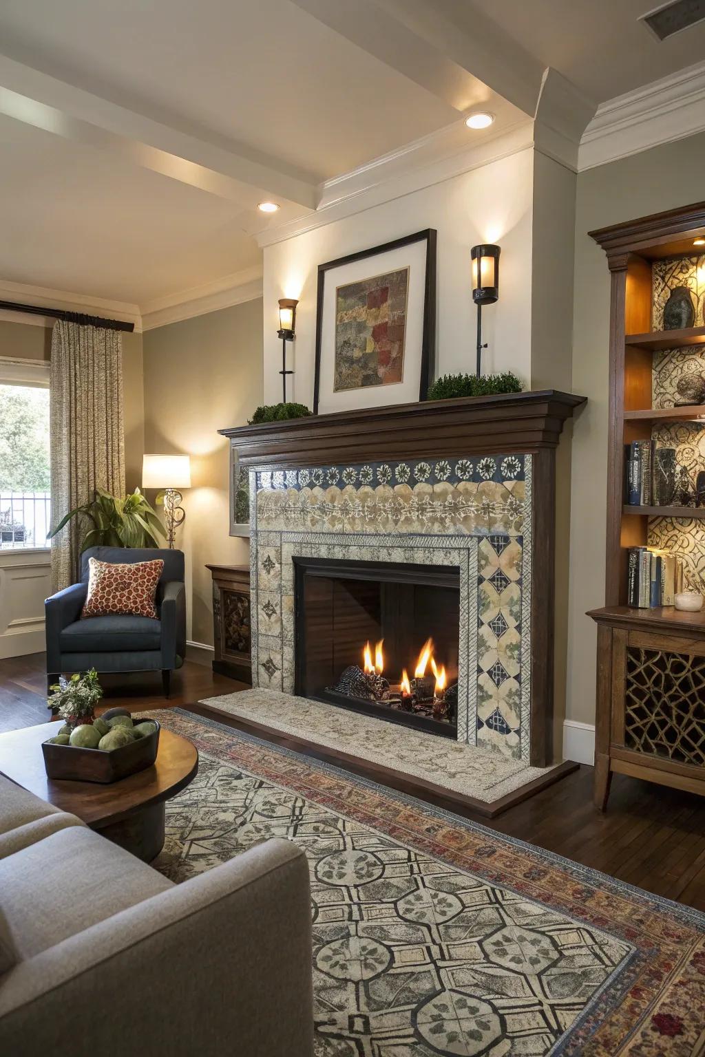 Fireplace adorned with artistic tiles and custom ledge.