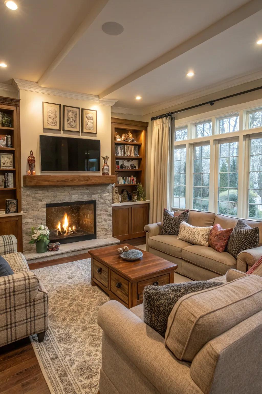 Family-friendly living room centered around fireplace.